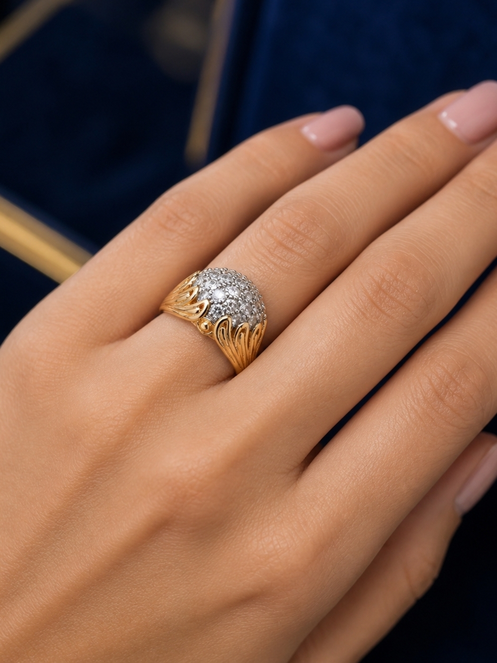 Gold Dome Ring with Clear Crystal Cluster - Picture 3 of 5